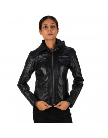 Laverapelle Women's Genuine Lambskin Racer Leather Jacket with Removable Hood