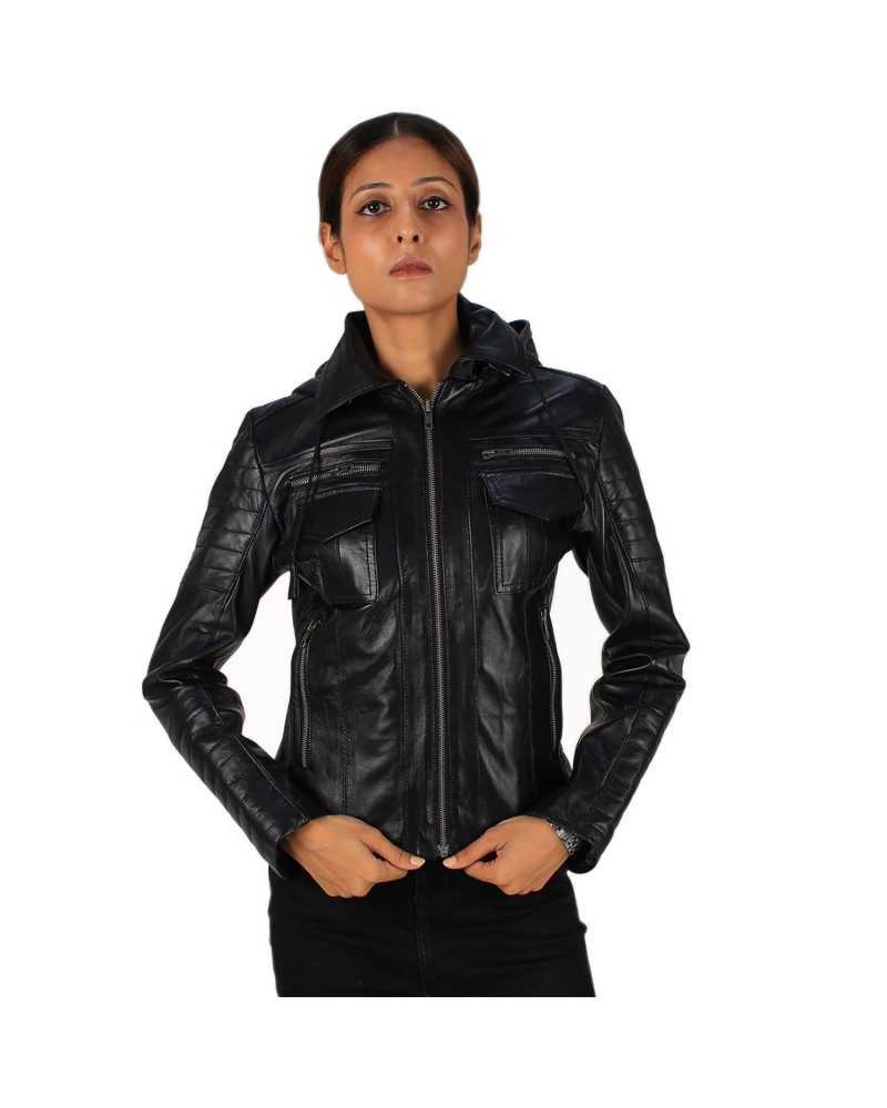 Laverapelle Women's Genuine Lambskin Racer Leather Jacket with Removable Hood