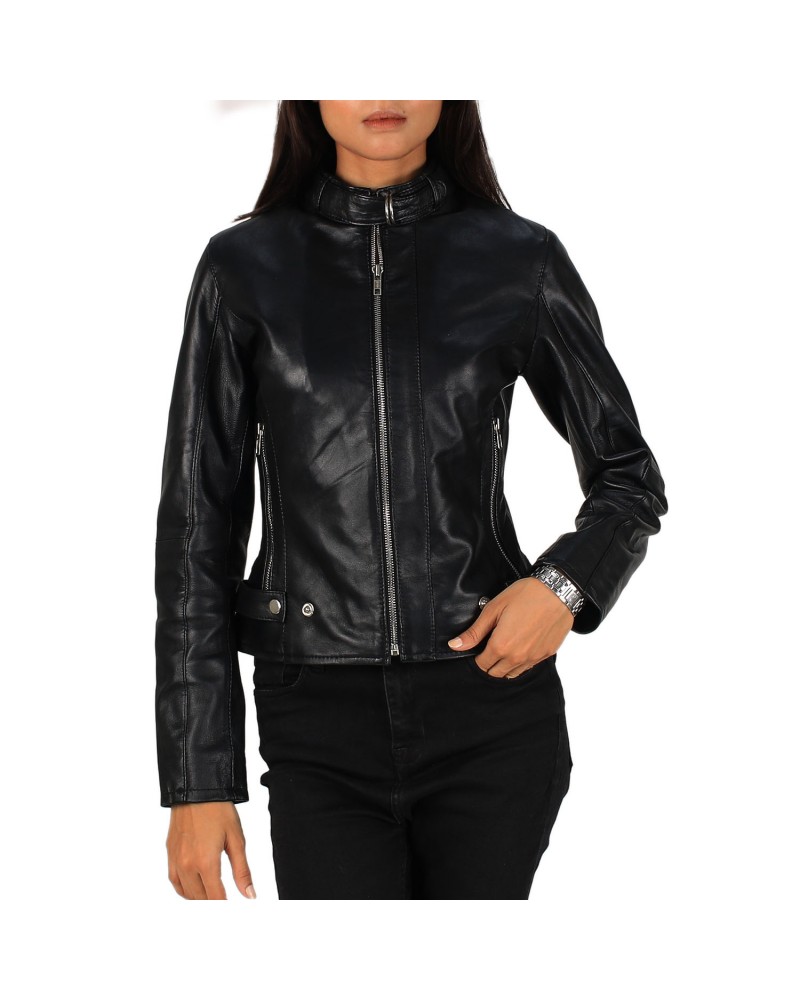Laverapelle Women's Genuine Lambskin Round Collar Leather Biker Jacket