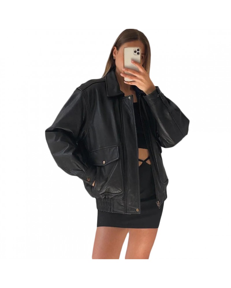 Laverapelle Women's Genuine Lambskin Oversized Bomber Leather Jacket (Black, Bomber Jacket) - 2621002 Laverapelle Women's Genuine Lambskin Oversized Bomber Leather Jacket (Black, Bomber Jacket) - 2621002