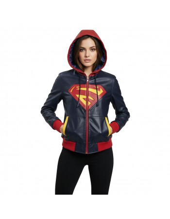 Laverapelle Super Girl Red Blue Faux Leather Bomber style hooded Jacket - 1521636