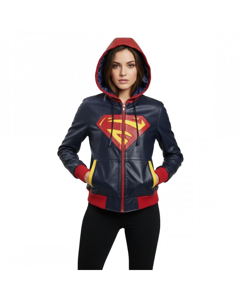 Laverapelle Super Girl Red Blue Faux Leather Bomber style hooded Jacket - 1521636